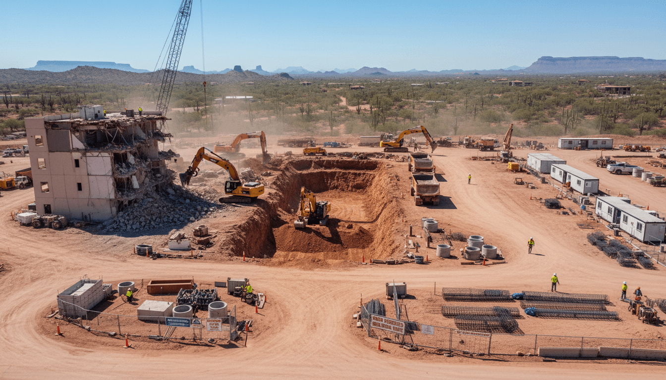 Comprehensive construction site showing demolition, excavation, and grading services