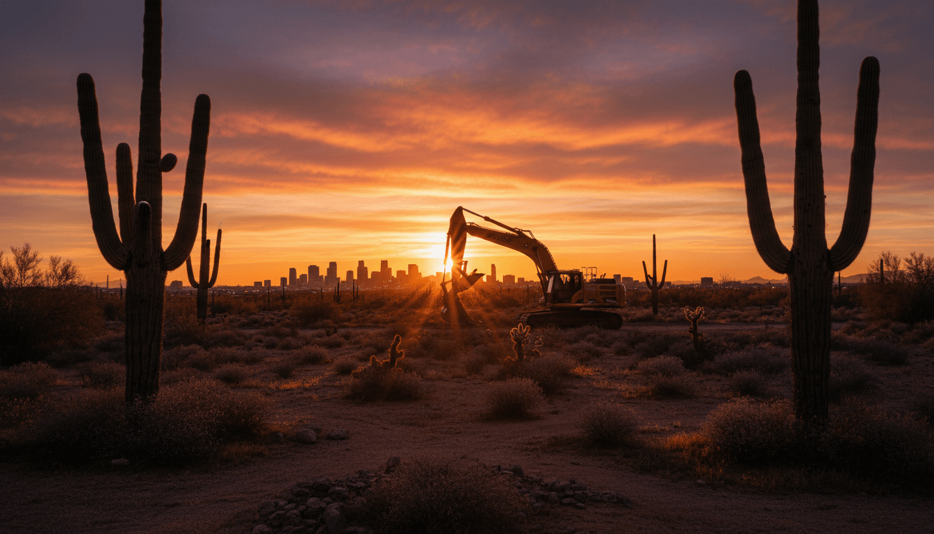 Arizona desert construction site at sunset with Phoenix skyline