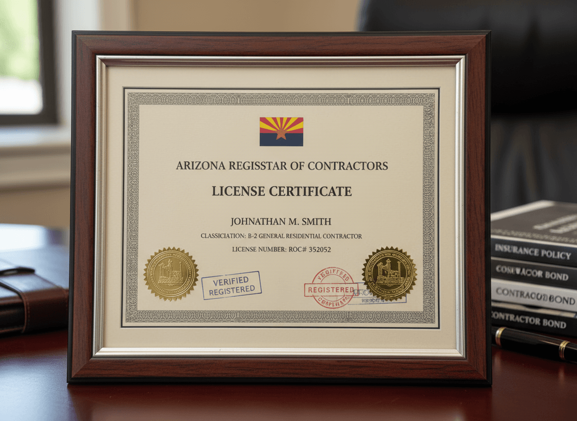 Arizona contractor license ROC# 352052 and insurance credentials